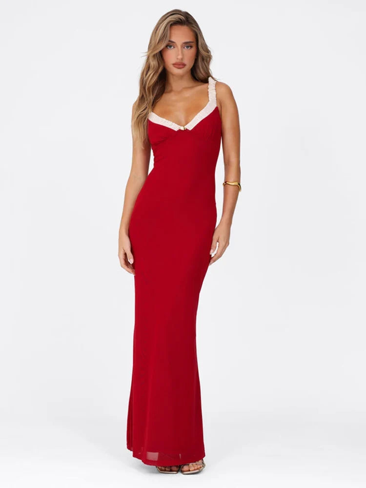 V Neck Spaghetti Strap Red Party Women's Dress Flower Decor Elegant Sleeveless Bodycon Maxi Vestidos 2025 Beach Casual Long Robe