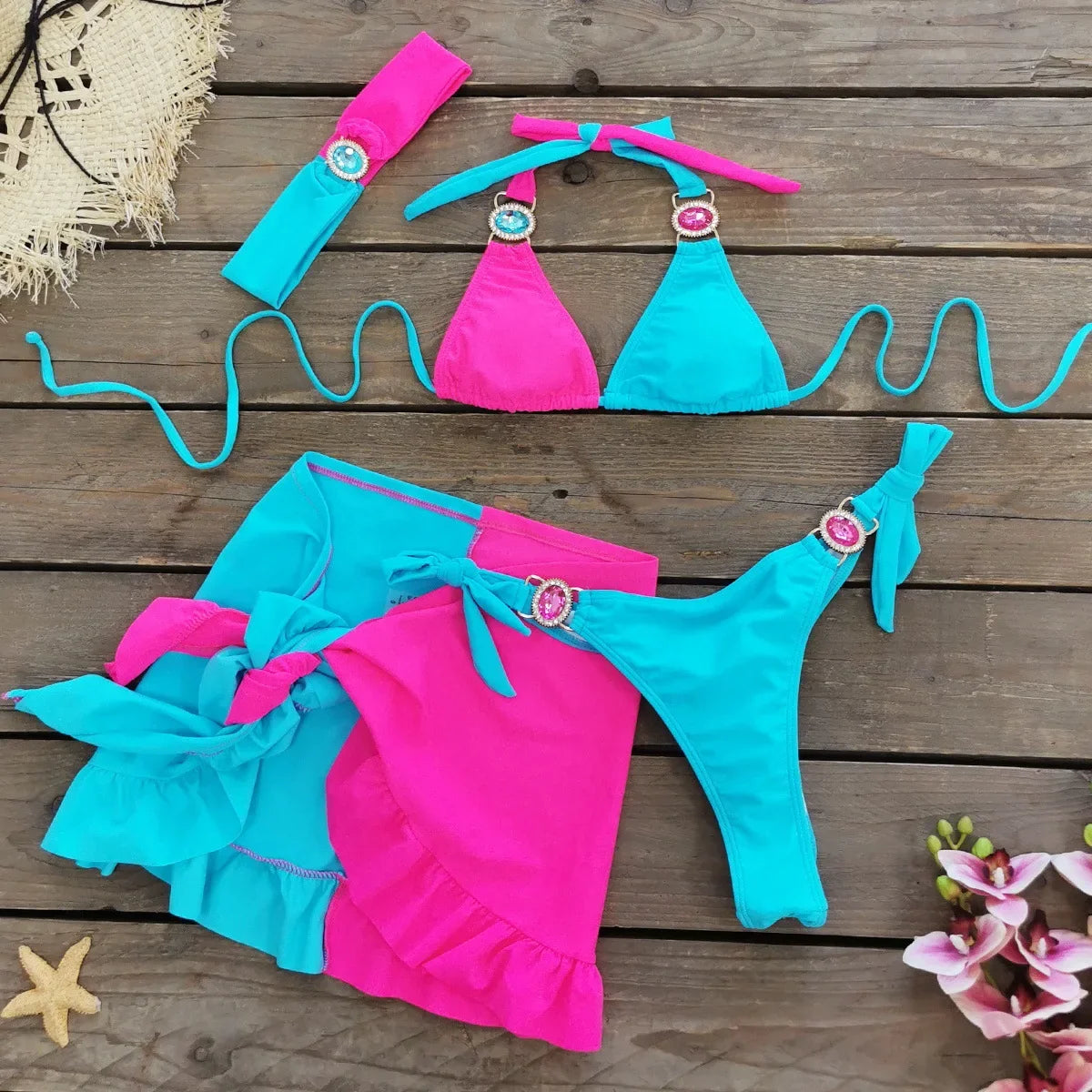 Sexy Skirt 4 Pieces Bikini Set Women Luxury Blue Patchwork Rhinestone Push Up Cover Up Swimsuit 2024 Beach Bathing Suit Swimwear