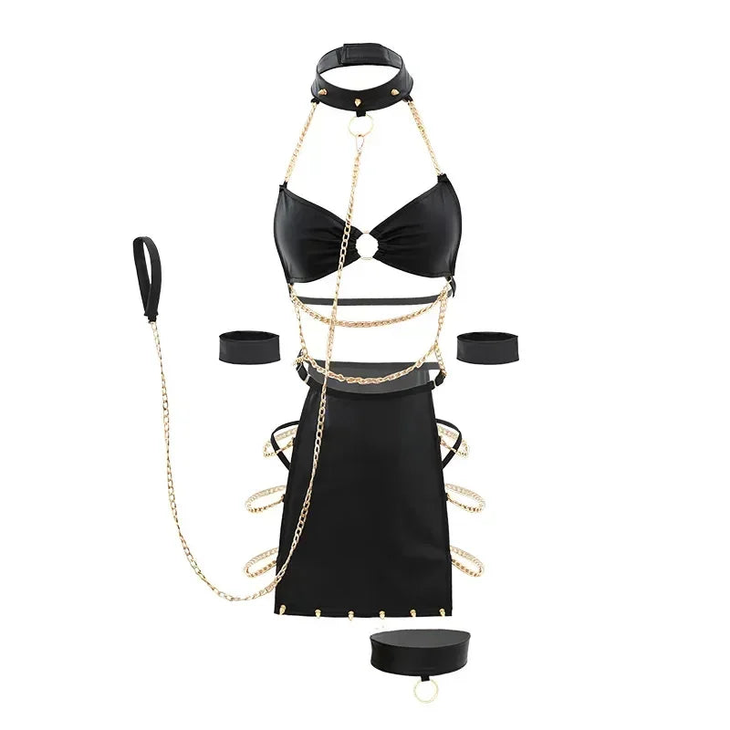 Women Sexy Lingerie Set PU Leather Dress Imitation Split Backless Gold Chain Bandage Bra Side-leaking Skirt Cosplay Costume