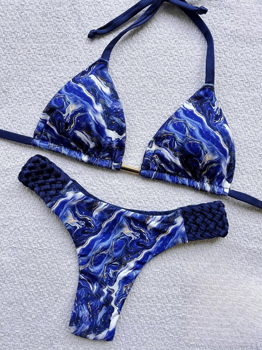 Print Halter Braided Rope Mini Thong Bikini Female Swimsuit Women Swimwear Two-pieces Bikini Set High Cut Bathing Suit Swim Lady
