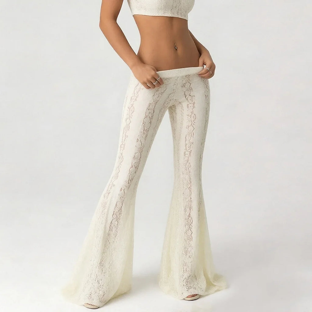 2026 spring and summer slim fit hip-hugging low-waist lace bell-bottom casual pants