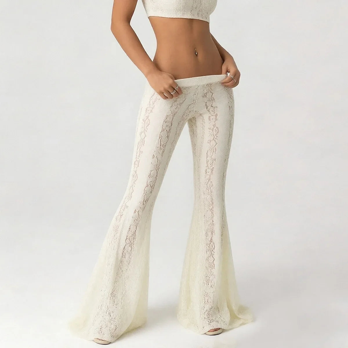 2026 spring and summer slim fit hip-hugging low-waist lace bell-bottom casual pants