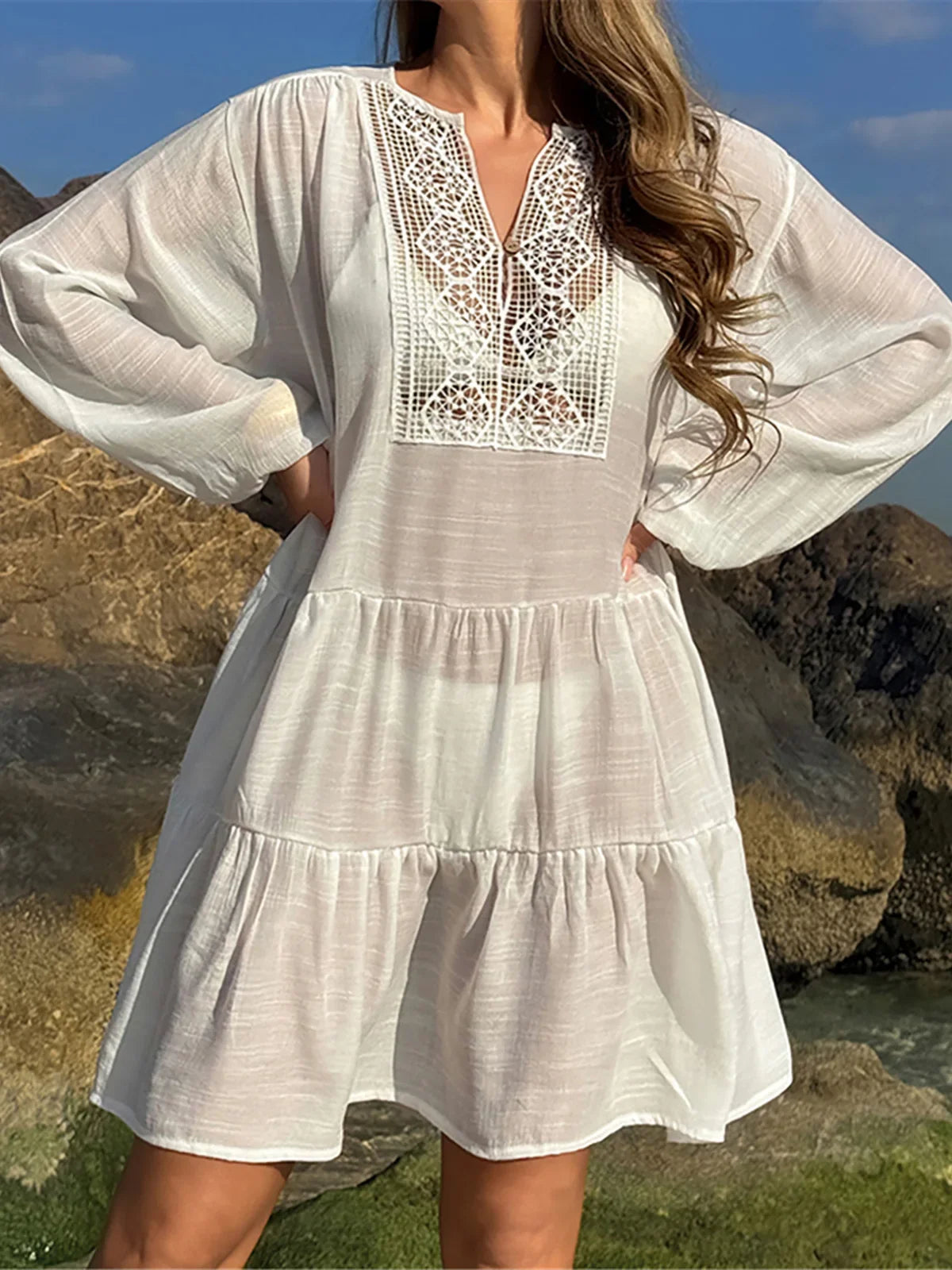 2025 Long Sleeve Hollow Out Crochet Knitted Tunic Beach Cover Up Cover-ups Beach Dress Beach Wear Beachwear Female Women K6674