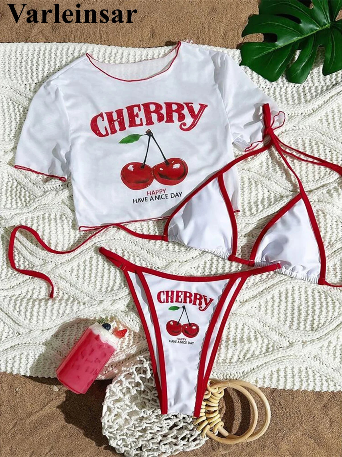 XS -XL Cherry Printed Short Sleeve Bikini Female Swimsuit Women Swimwear Three-pieces Bikini set Bather Bathing Suit Swim V6854