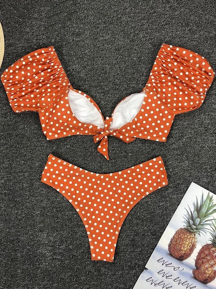Sexy V Neck Short Sleeve Bikinis Polka Dot Bikini Female Swimsuit Women Swimwear Two-pieces Bikini Set Bather Bathing Suit Swim