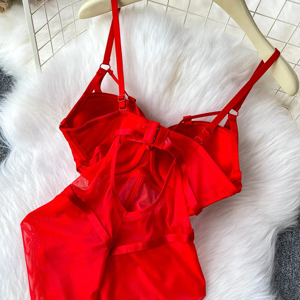 MOYISU Sexy Instagram Viral Bodysuit Women Pure & Sexy Sheer Mesh Halter Push Up Pads Summer Lingerie Euro Style Hot Sale SG
