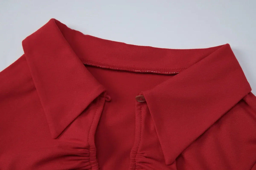 FDYOUI 2026 Women's T-shirts Turn-down Collar Single Breasted Short Sleeve Crop Tops Female Hollow Out Red Tee Shirt Streetwear