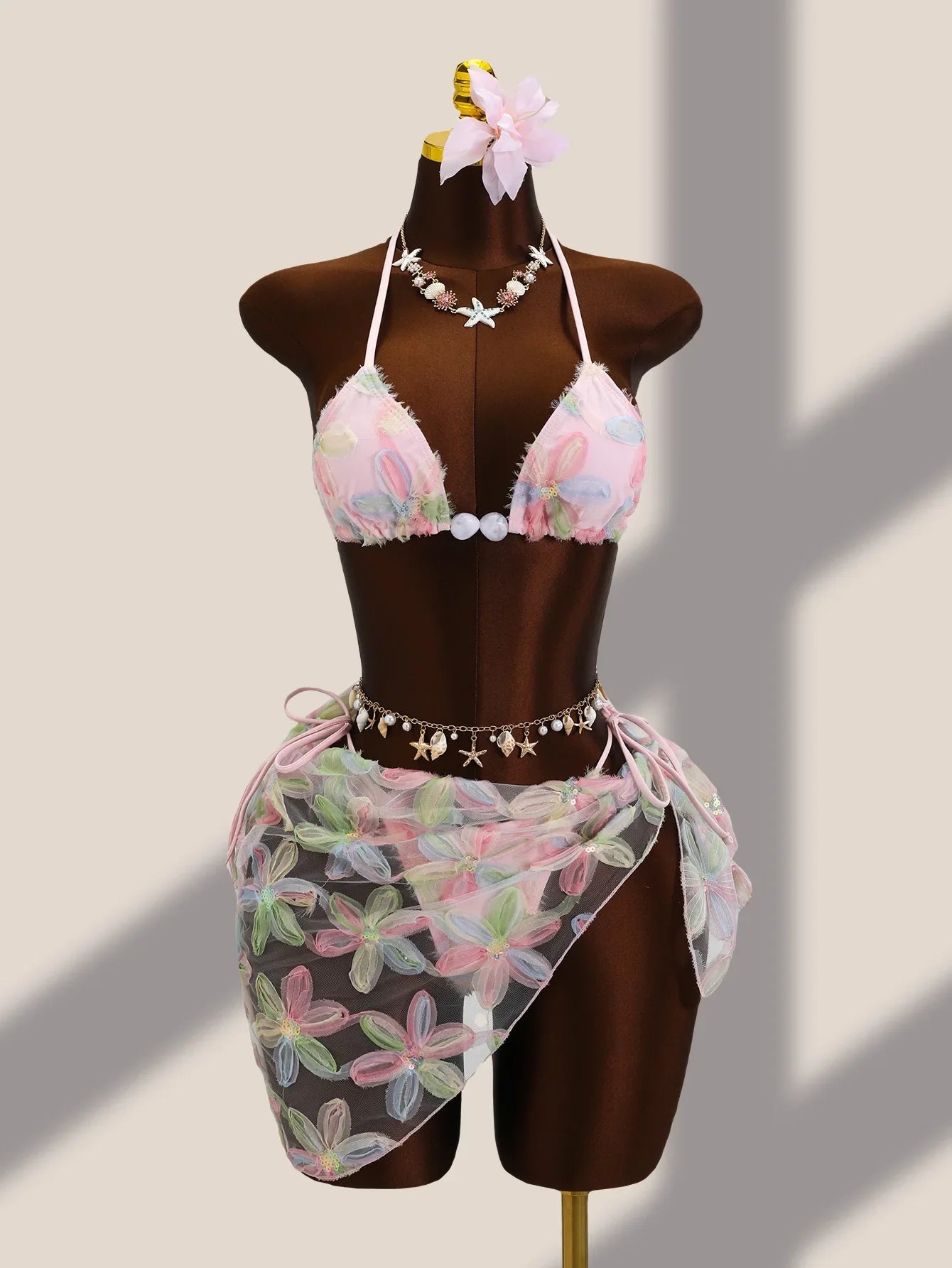 Sexy Pink Floral Embroidery Bikini Set 2026 Women Push Up Bra Triangle Swimsuit Holiday Bathing Suit Cover Up 3 Piece Swimwear