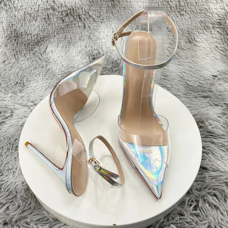 Clear PVC Patchwork Sandals  Newest Transparent Straps Stiletto Heel Sandals Sexy Laser silver High Heels Wedding Shoes12cm