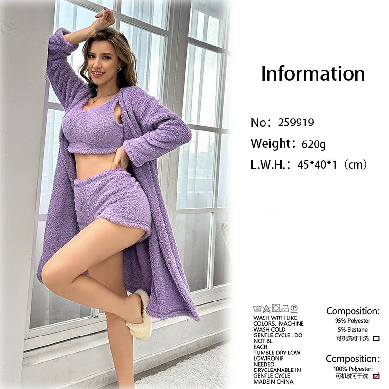 Autumn and winter flannel nightgown three-piece set European and American sexy pajamas home clothes warm and thickened