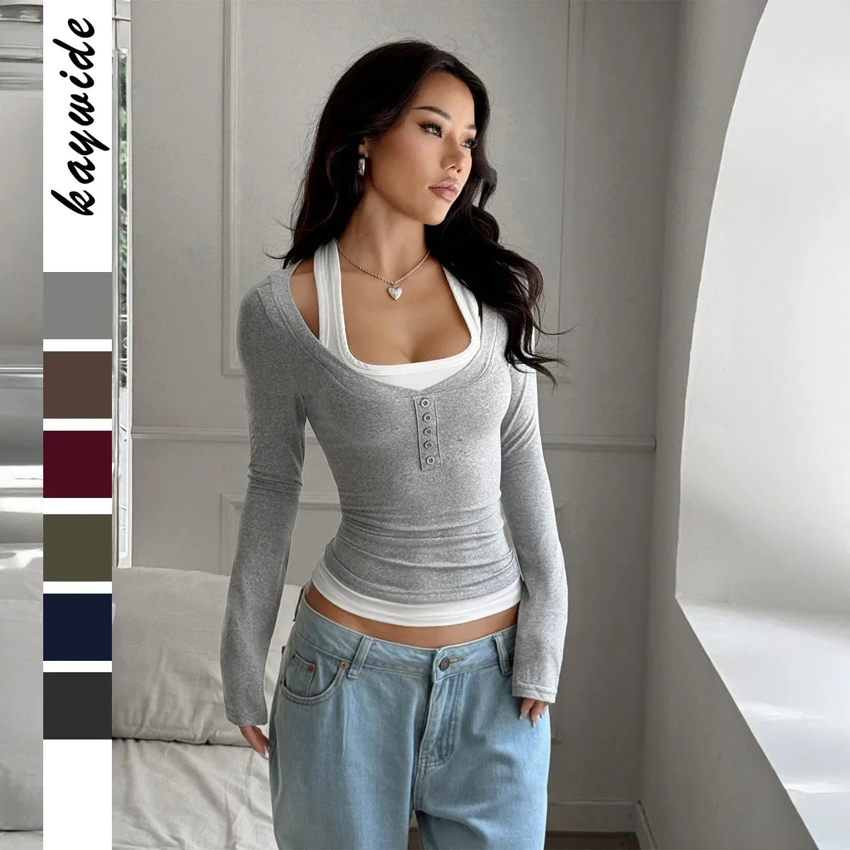 Women's Y2K Fake Two Piece Long Sleeve Cami Top, Fashion Slim Fit Sexy Streetwear T-Shirt