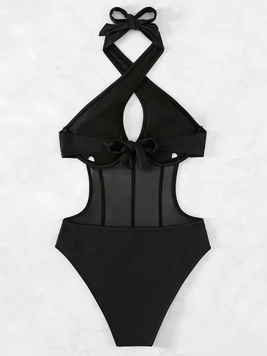 Halter Mesh Sheer Underwired One Piece Swimsuit Women Swimwear Female Backless Hollow Out Monokini High Cut Bathing Suit Swim