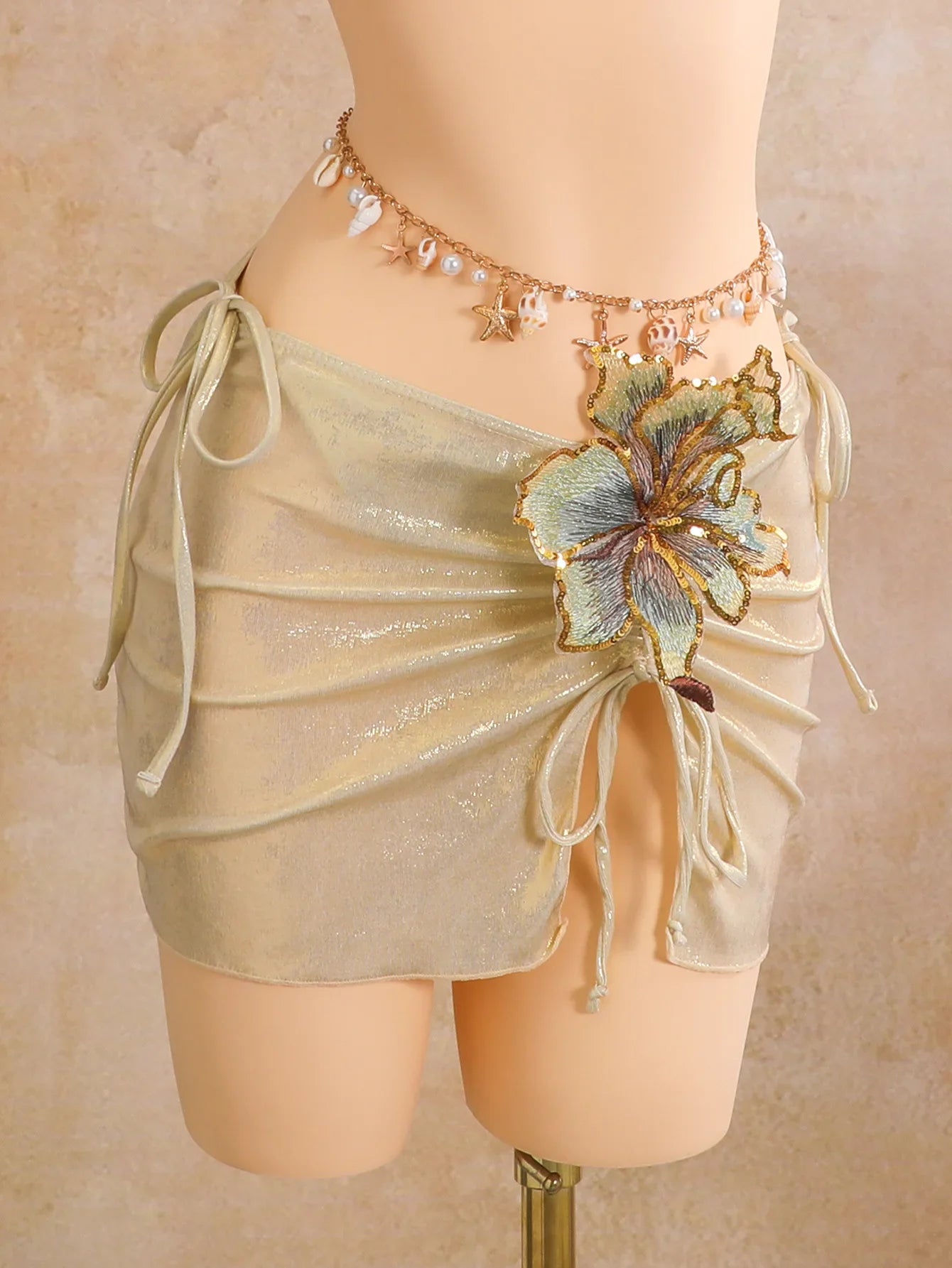 Sexy Beige 3D Flowers Embroidered Bikini Set 2026 Women Drawstring Cover Up 3 Piece Swimsuit Beach Bathing Suit Holiday Swimwear