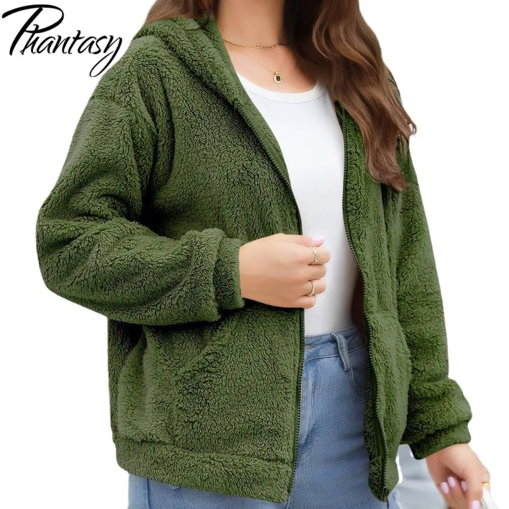 Phantasy Woman Hooded Fleece Coat Womens Casual Jacket Soft Heavy Autumn Winter Solid Hooded Jacket Ladies Outwear Overcoat