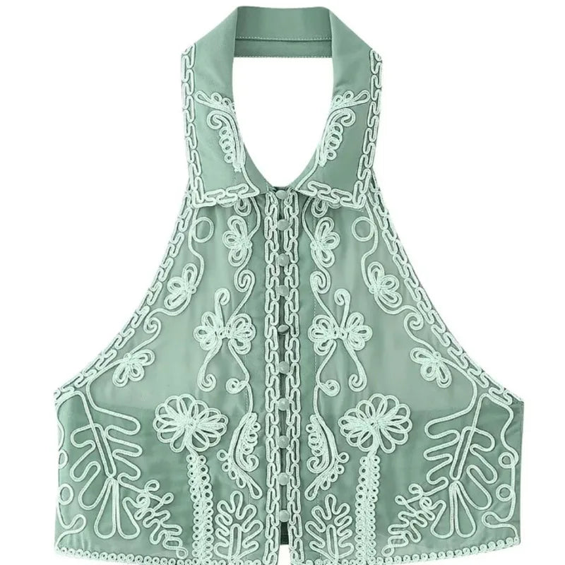Women's Fashionable Lapel Embroidered Backless Shorts Set J25E