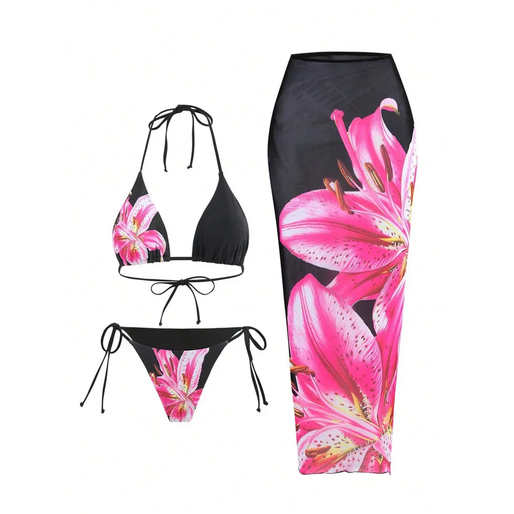 XS - L Floral Flowers With Skirt Bikini Female Swimsuit Women Swimwear Three-pieces Bikini set Bather Bathing Suit Swim V6788B