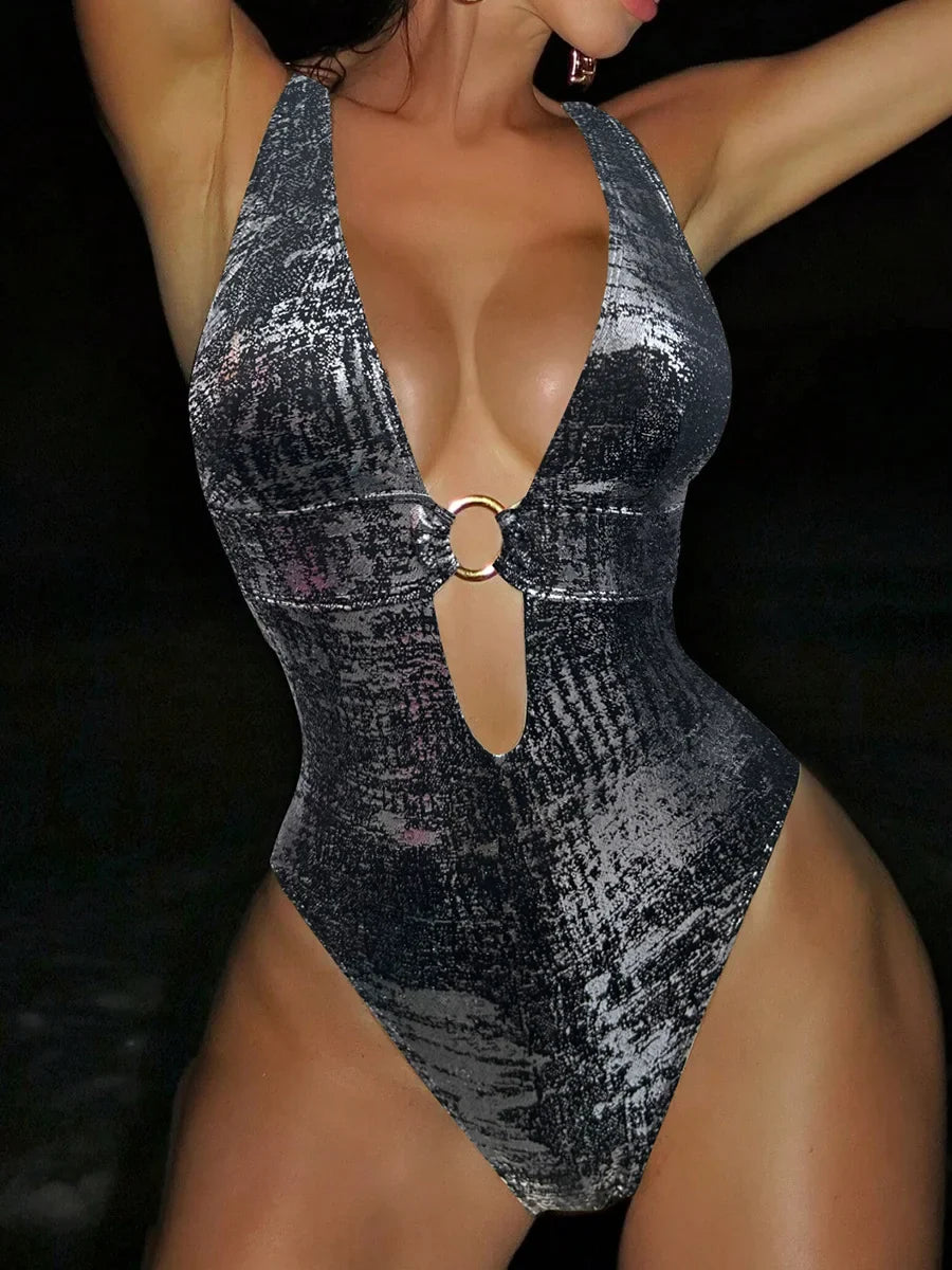 Golden Glitter Deep V Neck One Piece Swimsuit Women Swimwear Female Backless Monokini High Leg Cut Bathing Suit Swim Beachwear