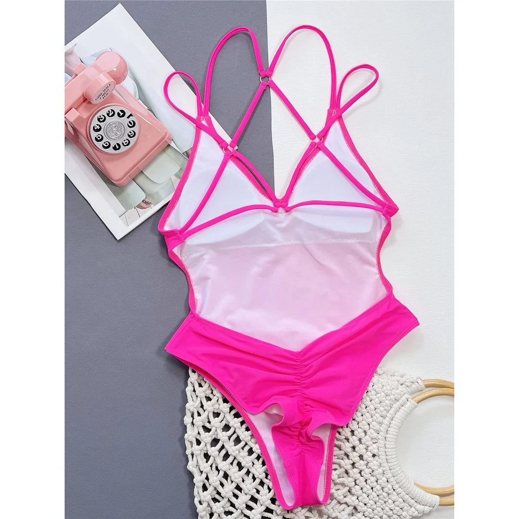 S - XL Sexy Leopard Printed V Neck Women Swimwear One Piece Swimsuit Female Backless High Leg Cut Bather Bathing Suit Swim V4808