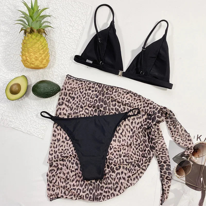 With Mesh Skirt Sarong Tie Dye Micro Bikini Women Swimsuit Female Swimwear Three Pieces Bikini Set Bathing Suit Swim Beachwear