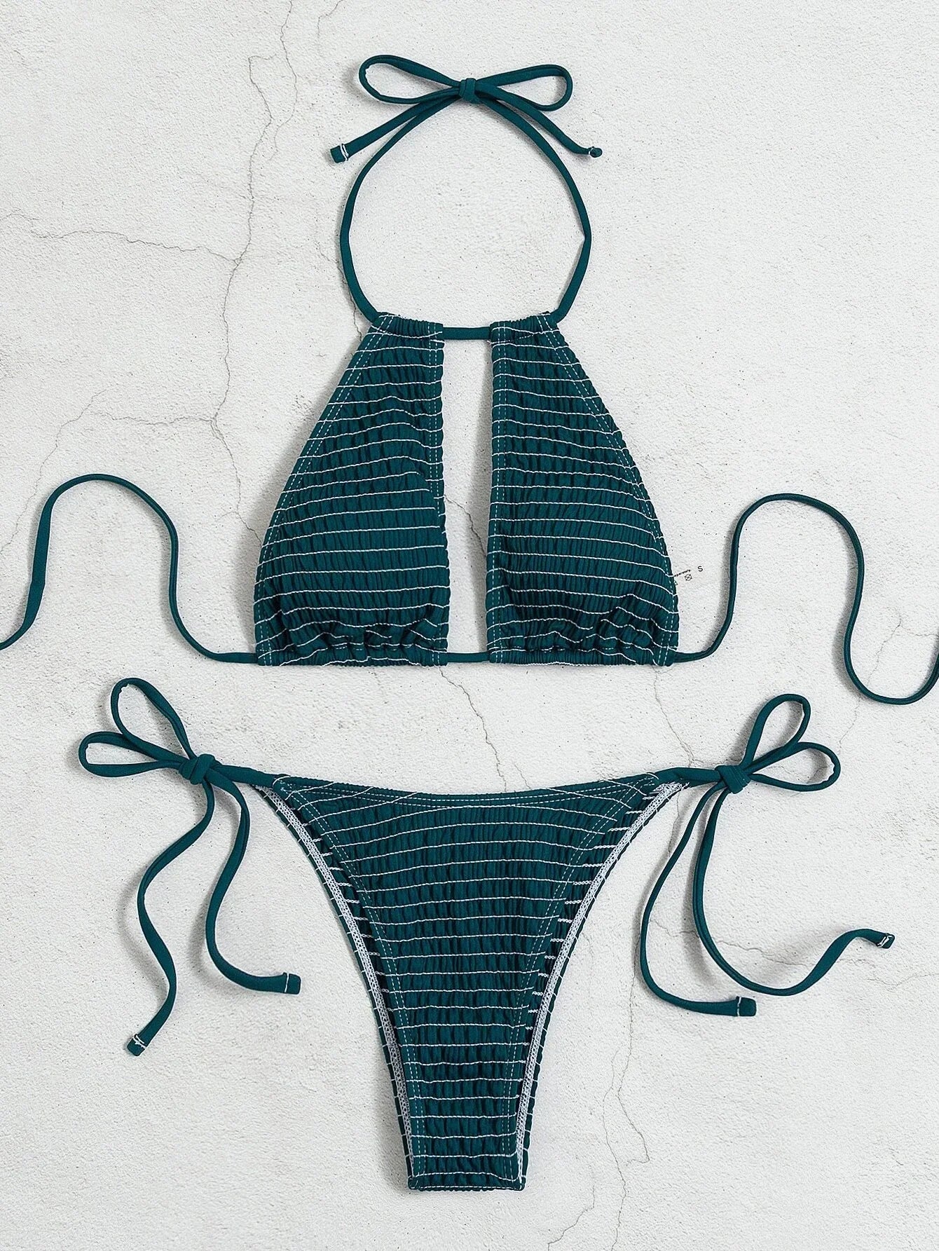 2025 Halter Tie Side Hollow Out Smocked Bikini Women Swimsuit Female Swimwear Two Pieces Bikini Set Swim Bathing Suit Beach Wear