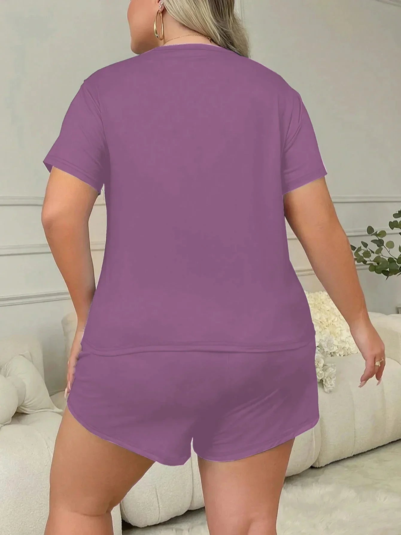 Plus Size 3XL 4XL 5XL Casual Loungewear Letters Print Pajamas Set Women's Short Sleeve Tee And Elastic Shorts Homewear