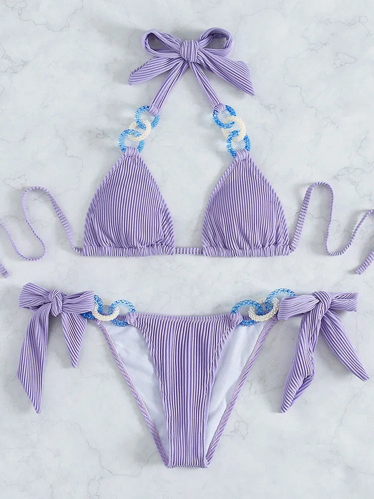 Sexy Halter Rings Ribbed Bikini 2025 Female Swimsuit Women Swimwear Two-pieces Bikini Set Brazilian Bathing Suit Swim Beach Wear