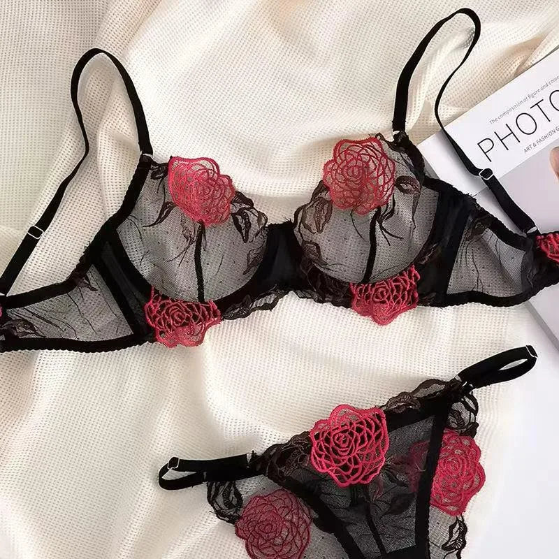 Pure Desire French Lace Bra Set Rose Embroidery Minimizer Wireless Comfort Support Full Bust Anti Sagging Breathable No Show USA