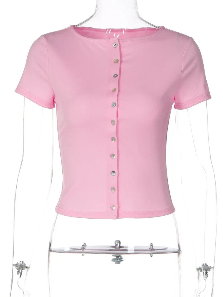 FDYOUI Pink T-shirts 2026 Summer Woman Clothes O-neck Single Breasted Cardigan Tops Female Short Sleeve Slim T Shirt Streetwear