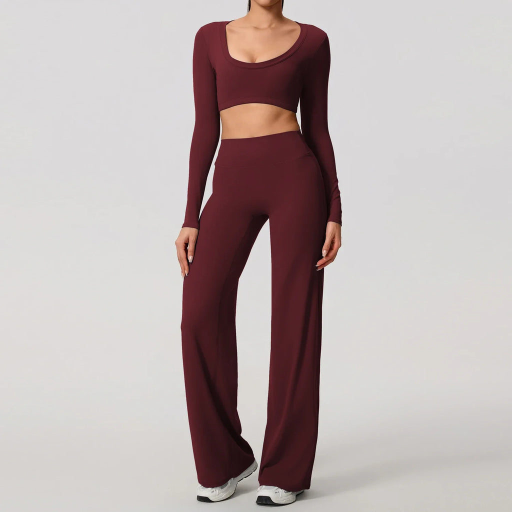 Hearuisavy Sports Set 2Pcs Women's  Long Sleeve Backless Fitted Fitness Top Push Up Pilates Yoga Top Wide Leg Straight Leg Pants