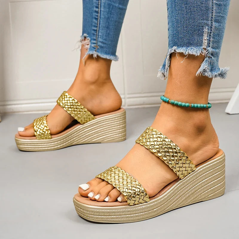 Lightweight Gold Wedge Heel Sandals Women Summer Woven Platform Gladiator Sandals Woman Plus Size 43 Thick Sole Sandalias Mujer