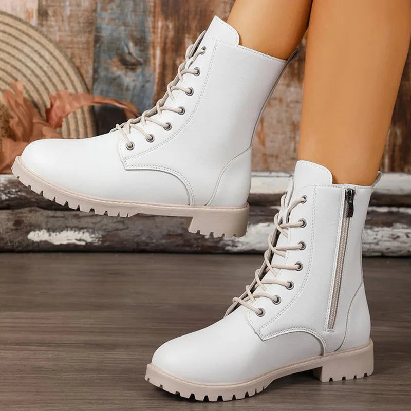 British Style Pu Leather Ankle Boots Women Spring Autumn Side Zipper Up Boots for Woman Plush Size Non Slip Booties Ladies