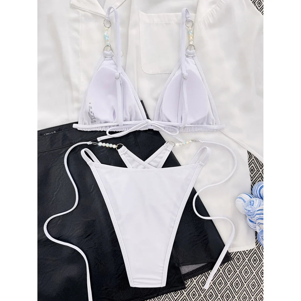 Sexy Halter Pearls Strappy Bikini Female Swimsuit Women Swimwear Two-Pieces Bikini Set High Cut Bather Bathing Suit Swim V5473