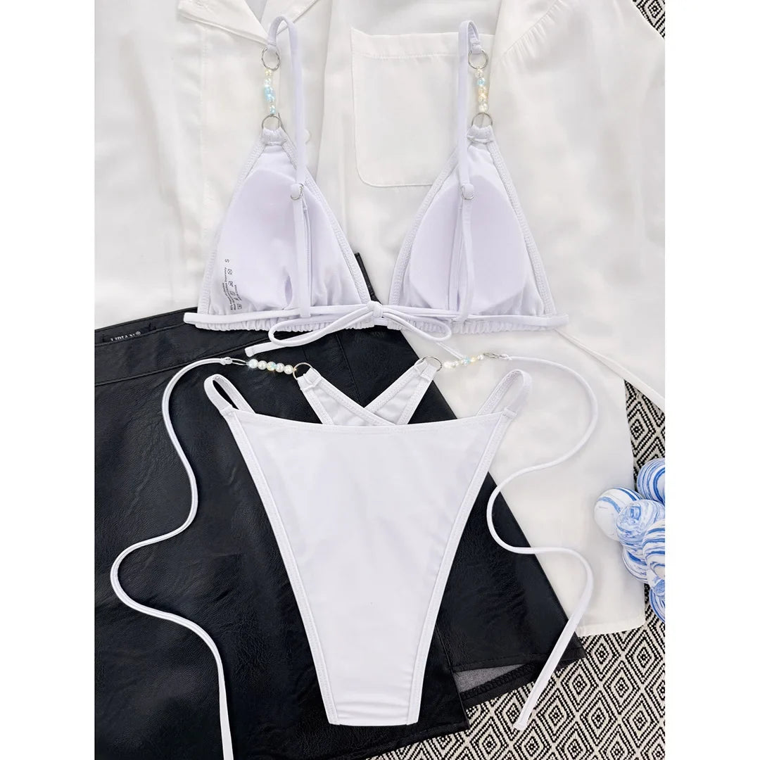 Sexy Halter Pearls Strappy Bikini Female Swimsuit Women Swimwear Two-Pieces Bikini Set High Cut Bather Bathing Suit Swim V5473