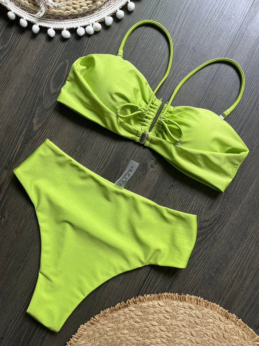 Shiny Sparkling U Shaped Female Swimsuit High Waist Bikini Women Swimwear Two-pieces Bikini Set Pool Bathing Suit Swim Beachwear