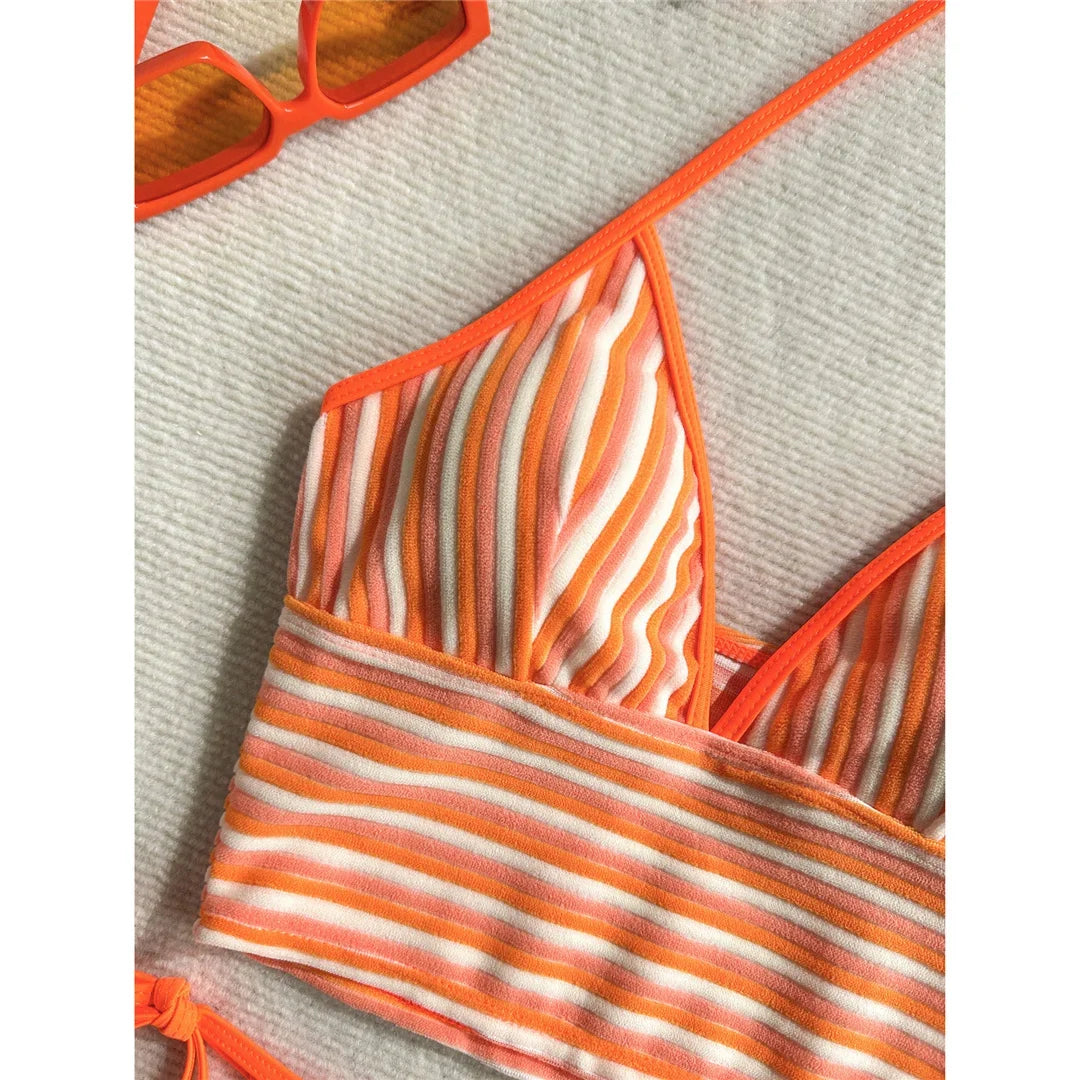 Striped Halter Tankini V Neck Bikini Women Swimwear Female Swimsuit Two-Pieces Bikini Set Padded Bather Bathing Suit Swim V8385