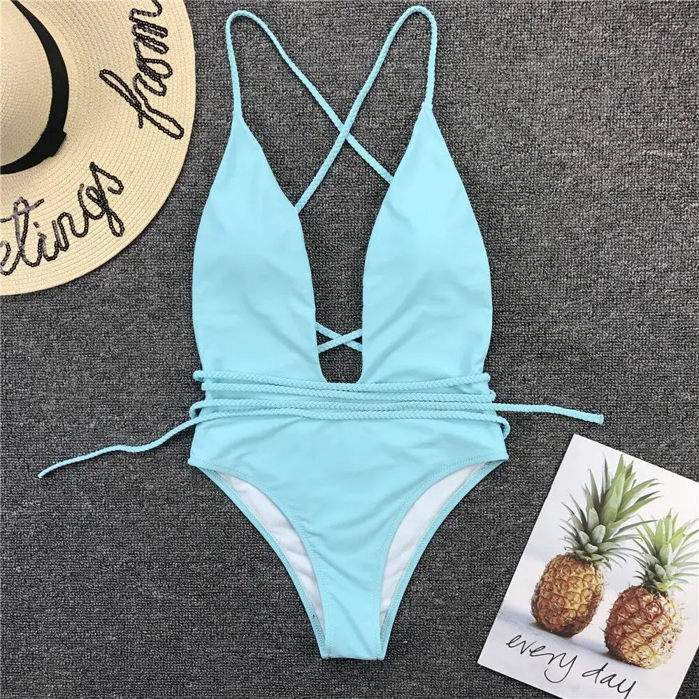Sexy Deep V Neck Wrap Around Female Swimwear One Piece Swimsuit Women Backless Monokini High Leg Cut Bathing Suit Swim Beachwear