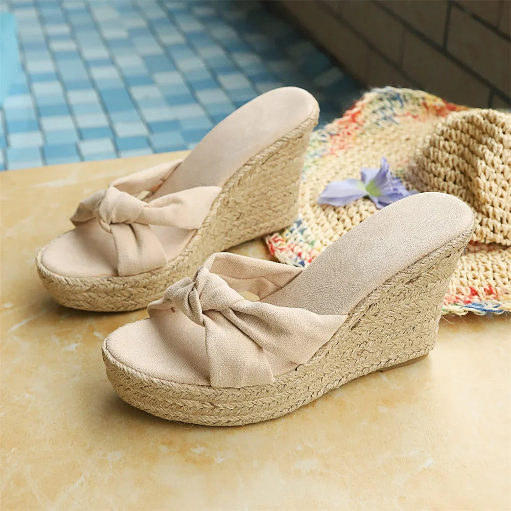 Summer Boho Bow Knot Espadrille Wedge Sandals for Women Open Toe Slip-On 10cm Platform Heel Casual Mules Slides Beach Shoes
