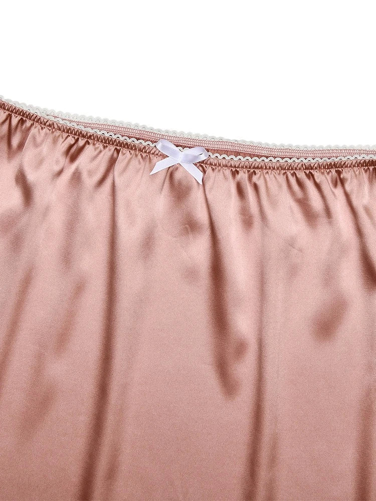 FDYOUI 2026 Summer Bowknot Lace Patchwork Satin Skirts for Women Casual Girls Clothes Sexy High Waist Short Skirt Y2K Streetwear