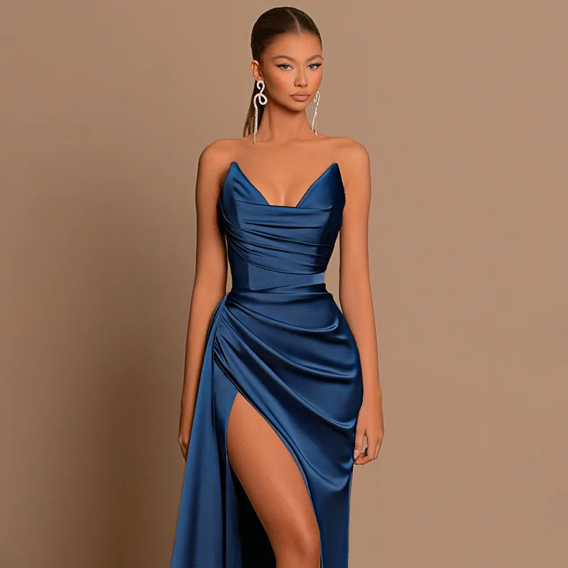 Elegant Strapless Solid Evening Gown Chic Satin Corset Dress for Women V-neck Split Blue Long Dress Lady Summer Party Dress up