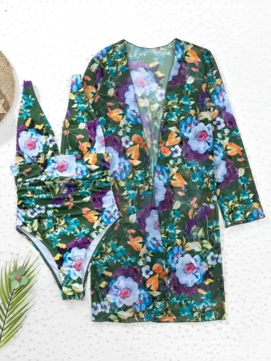 2026 Printed Swimsuit Women One Piece With Cover Up Floral Swimwear Female Beach Wear Push Up Bathing Swimming Swim Suit Summer