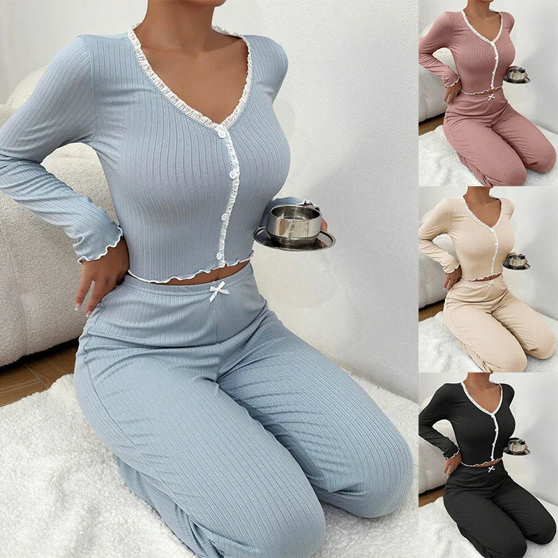 Y2K Ribbed Knit Loungewear Set for Women Long Sleeve V Neck Button Top and Pants Pajamas Two Piece Sleepwear with Lace Trim New