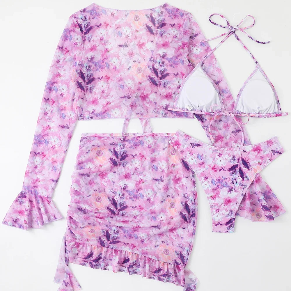 4 Pieces String Bikinis 2026 Women Sexy Swimwear Female Floral Swimsuit Bathers Bathing Swimming Swim Suit Beachwear Summer