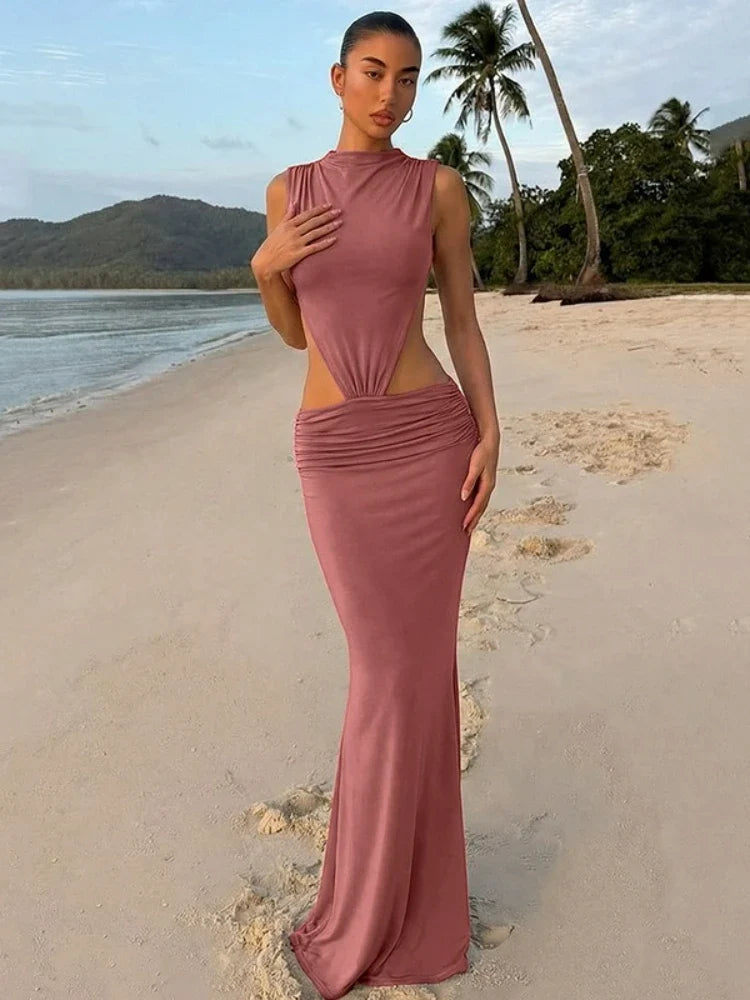 FDYOUI Elegant Sexy Sleeveless Backless Long Holiday Beach Dress Women Chic Hollow Out Solid Long Maxi Evening Party Dresses
