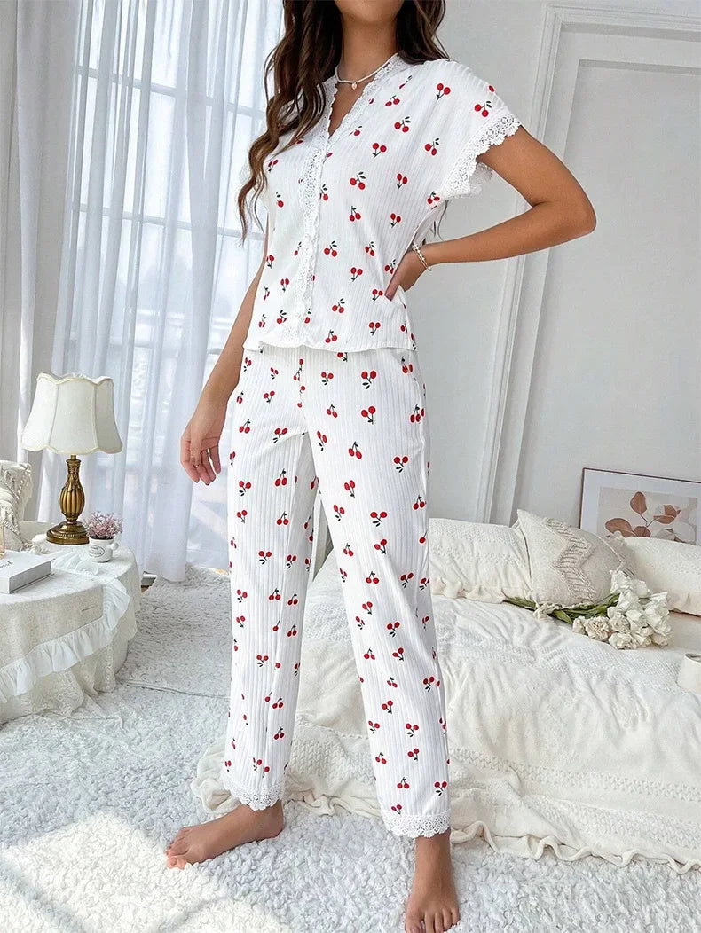 Women Sleepwear Black Lace Trim Cherry Print 2 Piece Pajamas Set Short Sleeve Top & Full-Length Pants Homewear