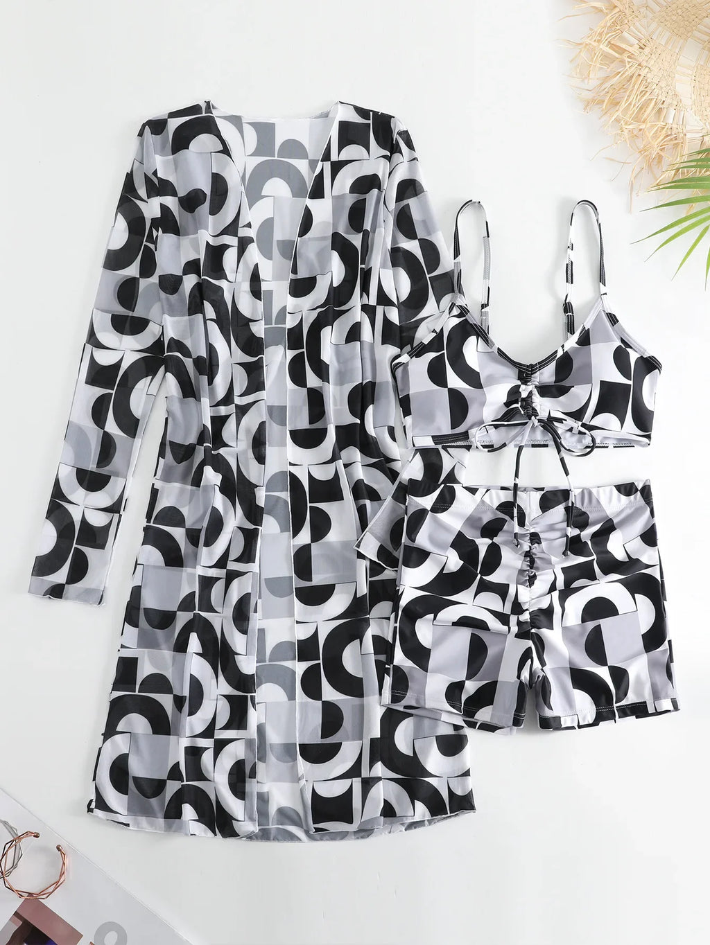 New Sexy 3 Pieces Suit for Women Neck Hanging Bikini Set+Cover-up Swimwear Sunproof Tankini High Waist Shorts Swimsuit Beachwear
