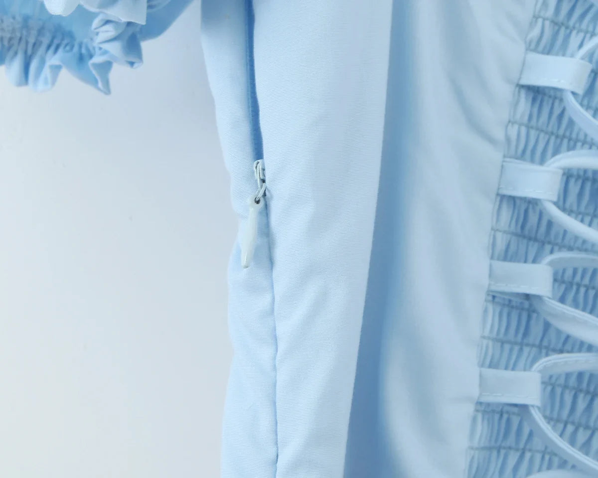 Bowknot Ruffles Light Blue Midi Dress Women's Summer Off Shoulder Short Sleeve Beach Dress Drawstring White A-line Vestidos 2025