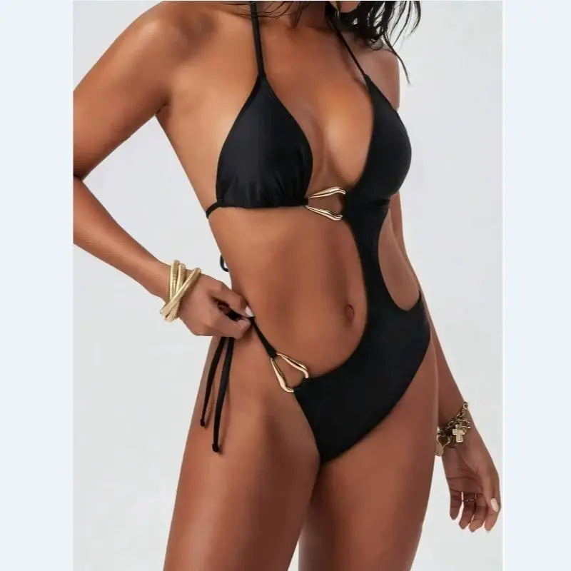 DEKA Women'S Solid Color Slim Fit Hollow Metal Swimsuit Sexy Backless Tank Bodysuit Bikini Set Hot Sexy Comfort Female Bandeau