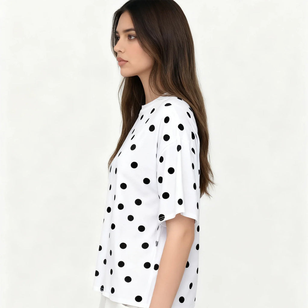Women Dots Print T-shirs Crew Neck Short Sleeve Summer Loose Vintage Tops for Casual Daily