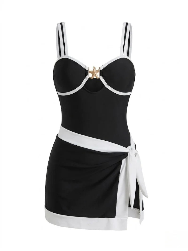 Sexy Black Contrast One Piece Swimsuit Skirt Sets Women Metal Starfish Hollow Out Slim Tummy Control Bathing Suit Swimwear XXL
