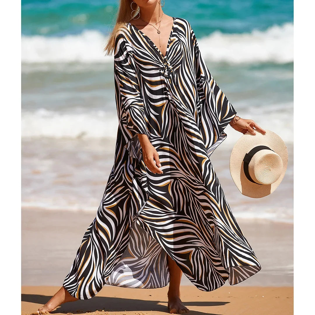Sexy Zebra Printed V Neck Tunic Beach Cover Up Cover-ups Beach Dress Beach Wear Beachwear Beach Long Dress Female Women V4159